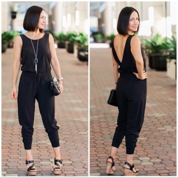 Anthropologie Pants - Athleta Jogger Jumpsuit 8 Black Lightweight Sleeveless Tie-Waist Cross-Back